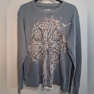 Departed Men's Gray Graphic Thermal Top Large 2000s Y2K Style Casual Distressed